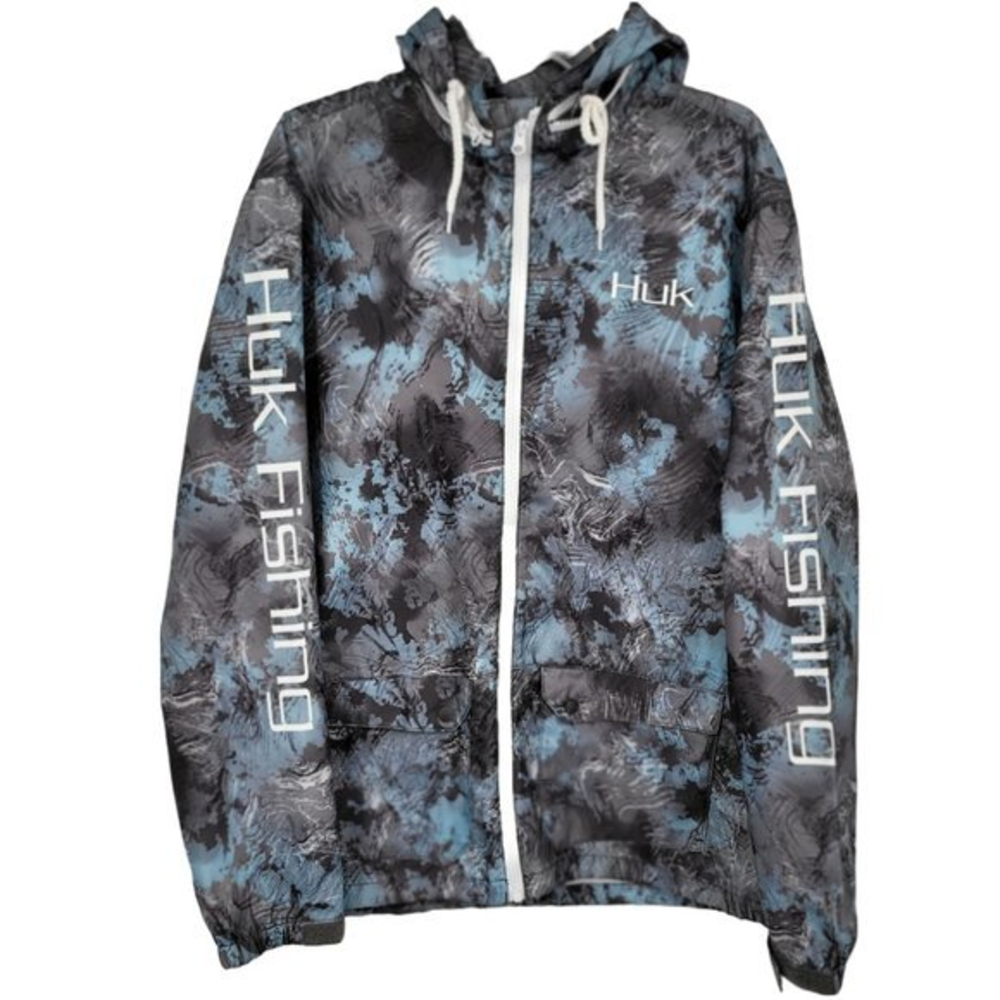 NWOT HUK Fishing Jacket LargE Blue Hood Wind Stain Resistant‎ SpellOut